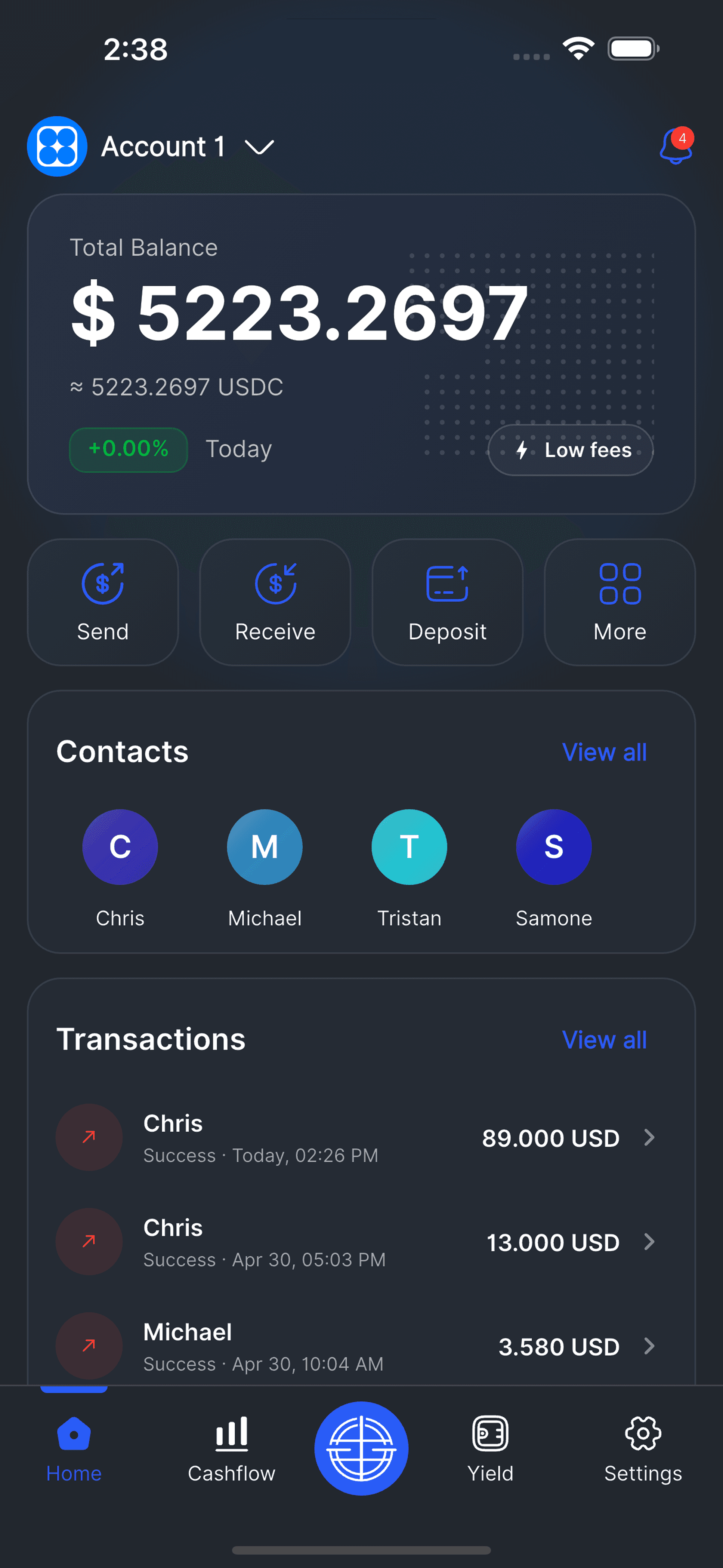 EQ9 home screen showing balance, contacts, and transactions