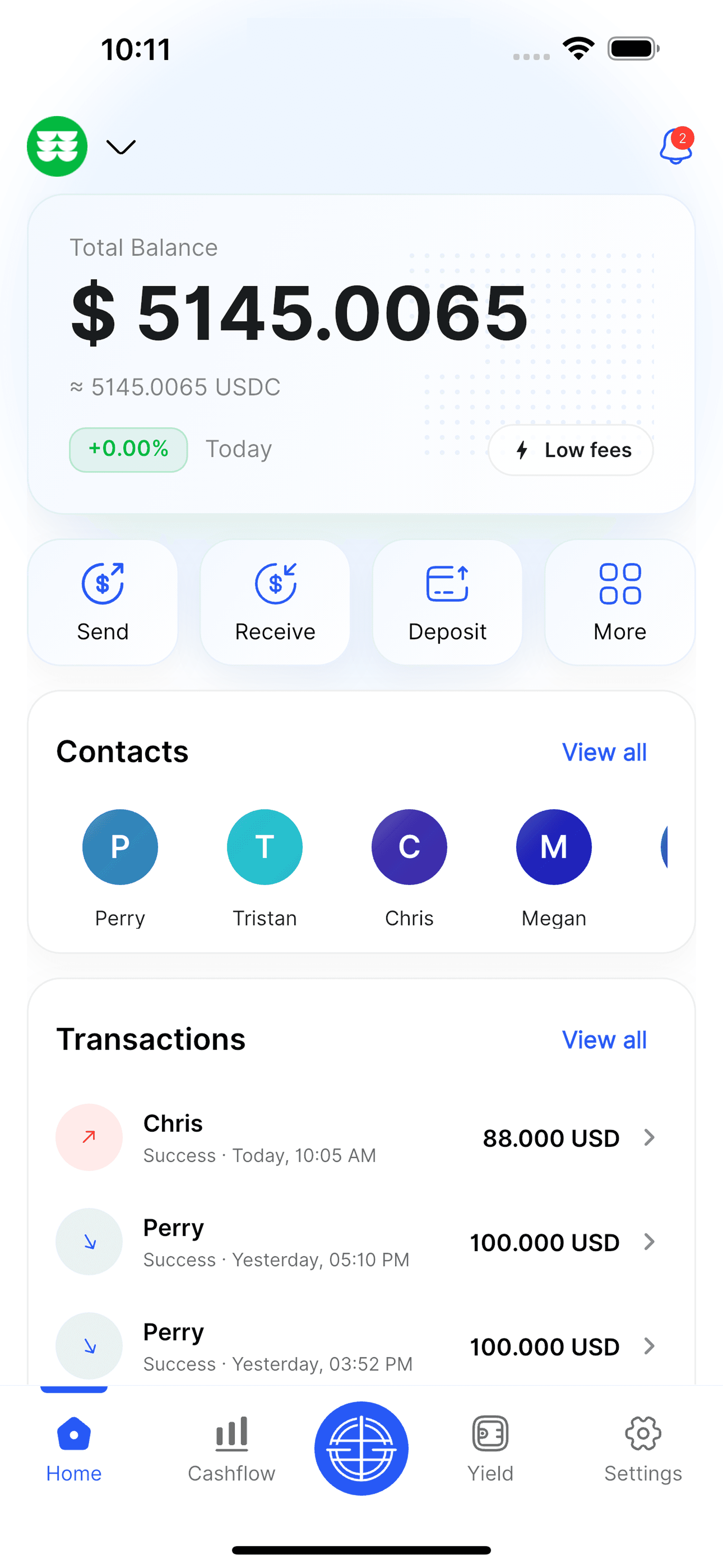 EQ9 home screen showing balance, contacts, and transactions