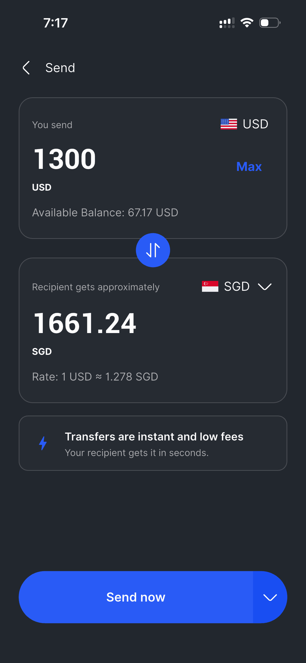 EQ9 send screen showing USD converted to SGD with the recipient amount shown before review