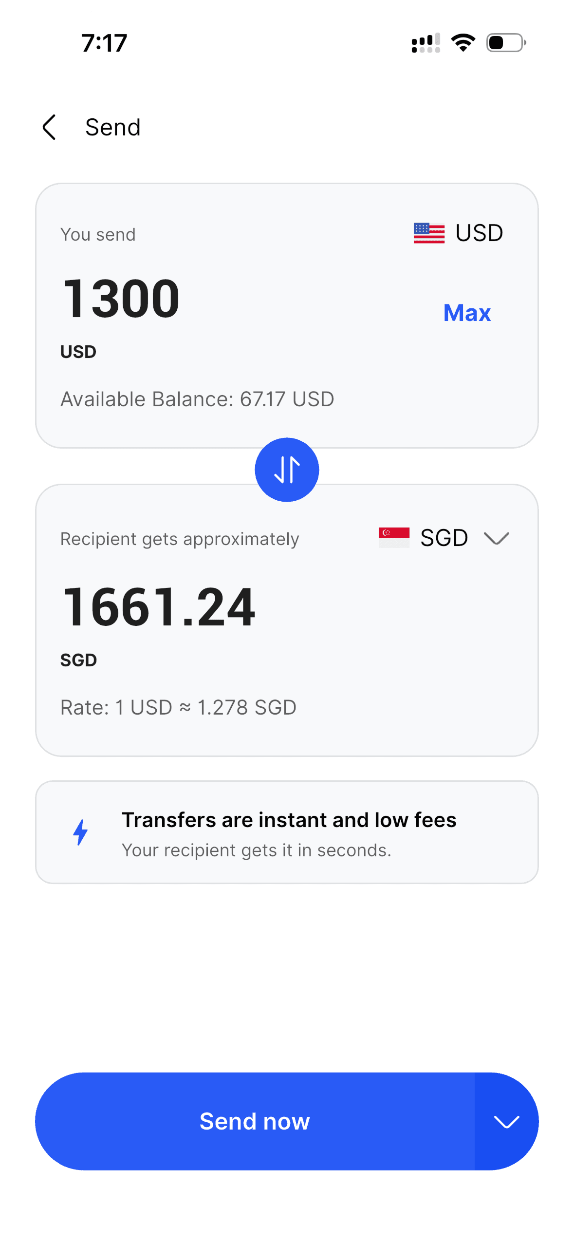 EQ9 send screen showing USD converted to SGD with the recipient amount shown before review